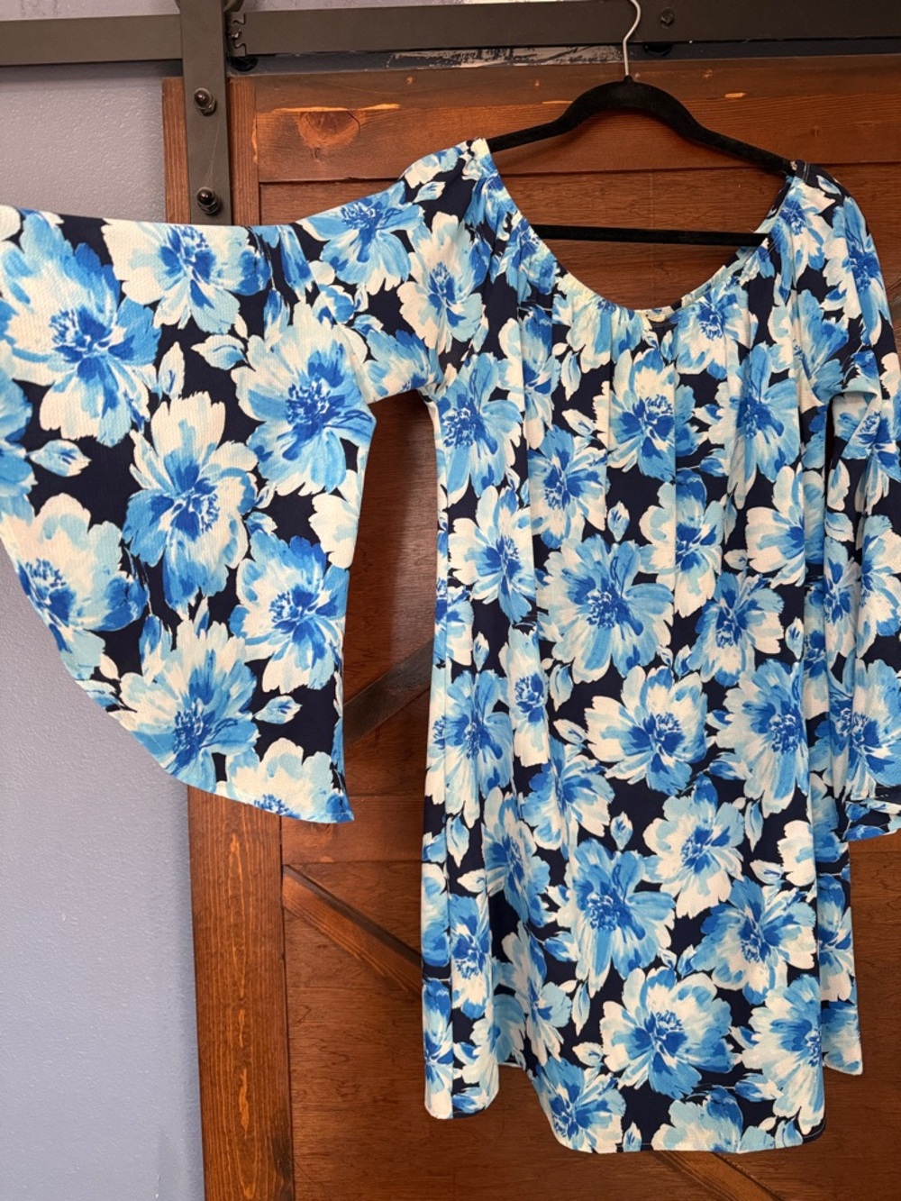 Rolla Coster Navy and Light Blue Floral Dress with Bell Sleeves Off Shoulder